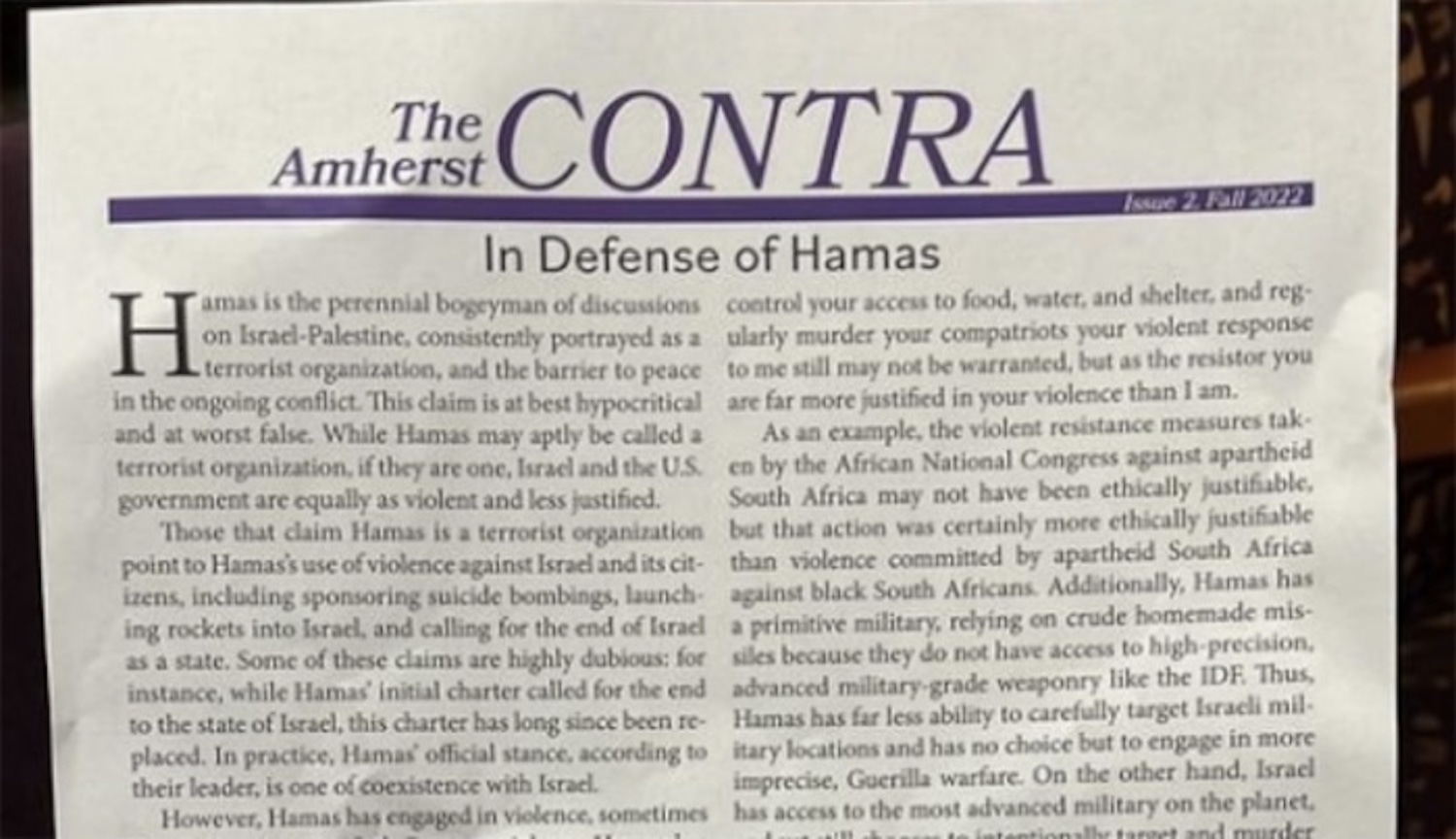 Amherst College student paper publishes anonymous ‘In Defense of Hamas’ piece